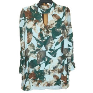 5 for $25 (a2-7) Abstract Tropical Floral High Neck Keyhole blouse L